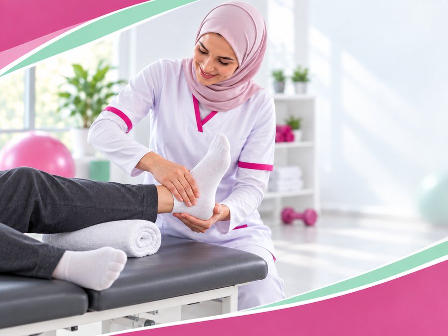 أخصائية ترويض تعالج كاحل مريض مستلقٍ على طاولة العلاج