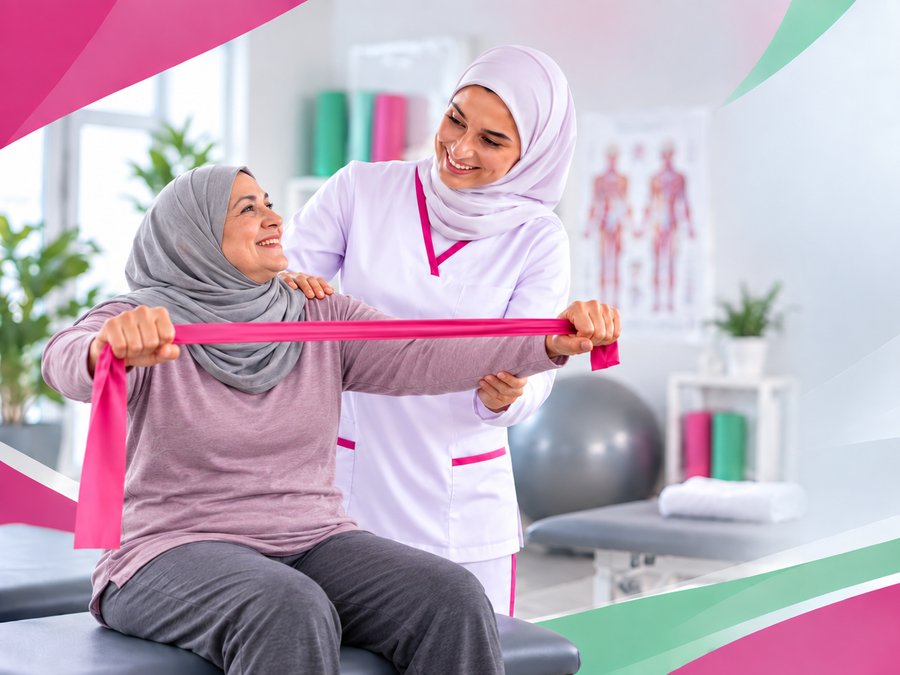 أخصائية ترويض ترافق سيدة في تمرين بشريط المقاومة وهي جالسة