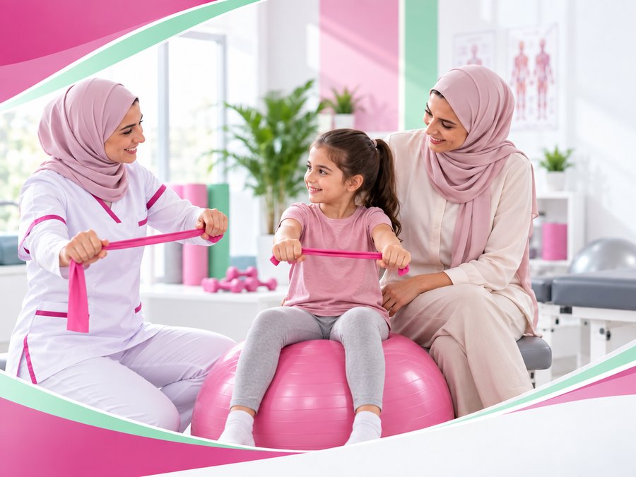 أخصائية ترويض تمرّن طفلة على كرة التوازن ووالدتها جالسة إلى جانبها