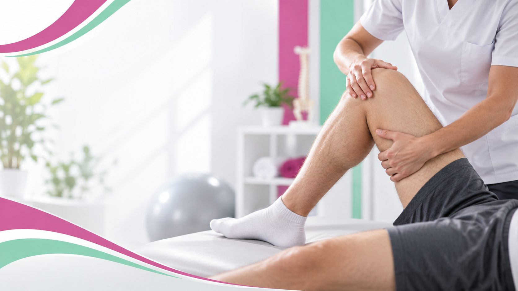أخصائي ترويض يفحص ركبة مريض على طاولة العلاج