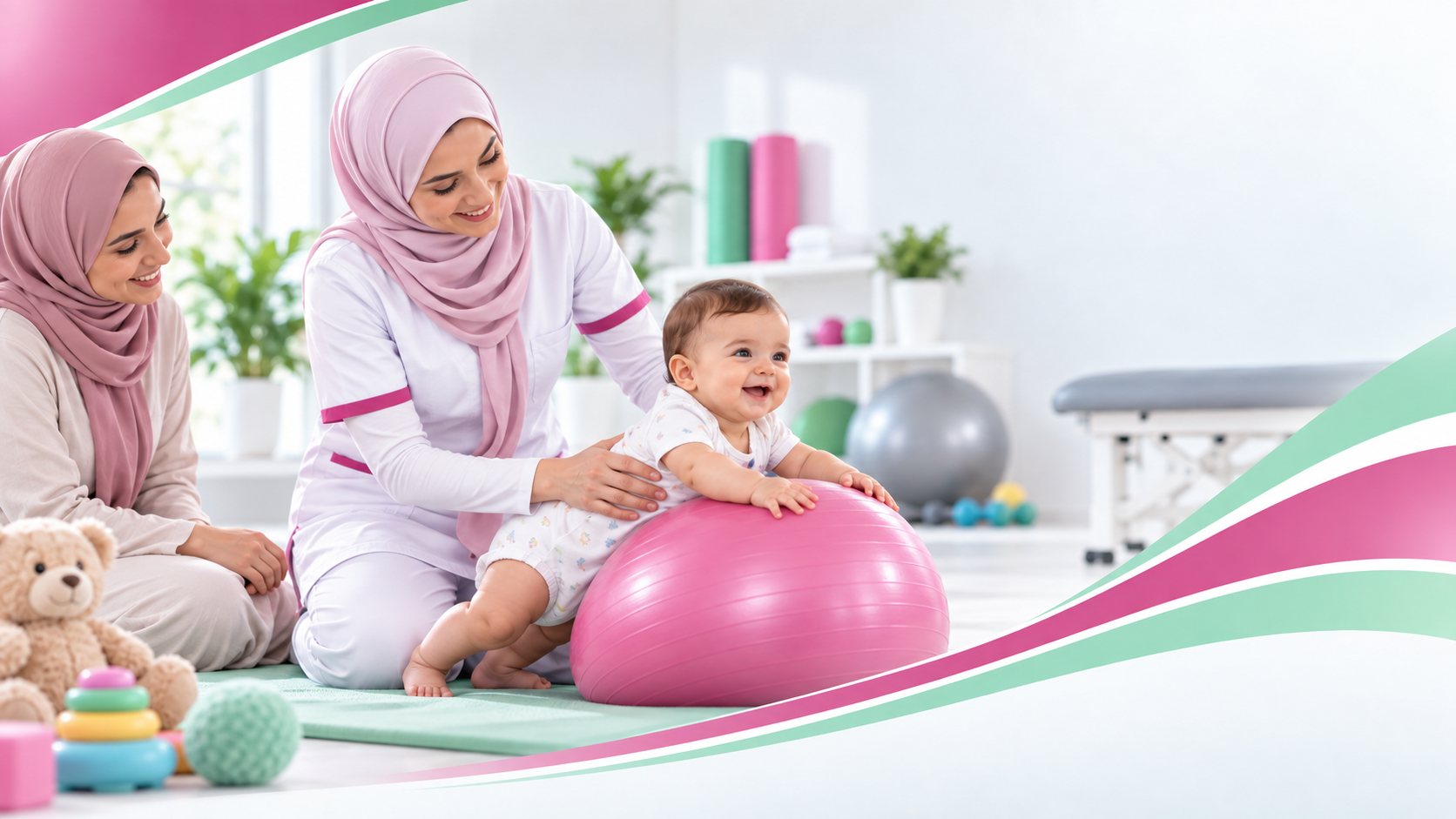 أخصائية ترويض ترافق رضيعًا على كرة التوازن ووالدته إلى جانبه