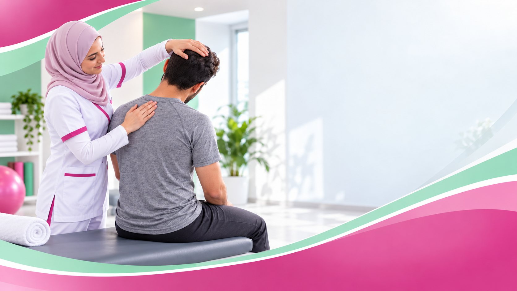 أخصائية ترويض تعالج رقبة وظهر مريض جالس على طاولة العلاج