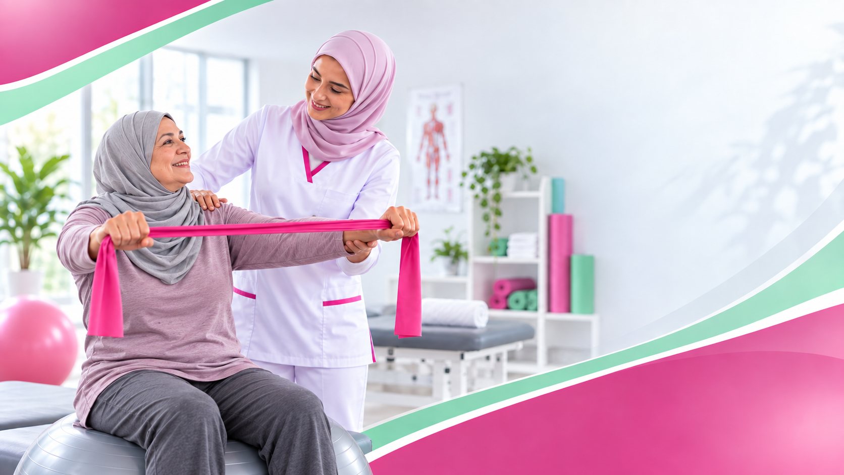 أخصائية ترويض ترافق سيدة في تمرين بشريط المقاومة لتقوية الكتفين
