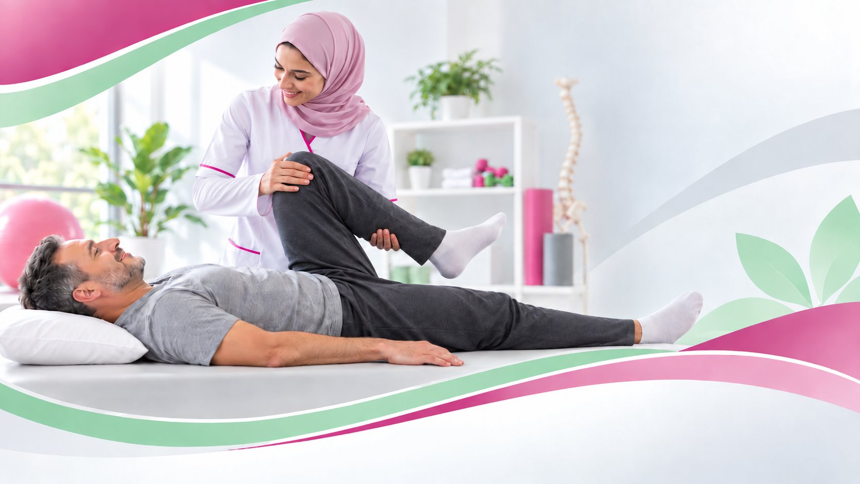 أخصائية ترويض تحرّك ركبة مريض مستلقٍ على طاولة العلاج