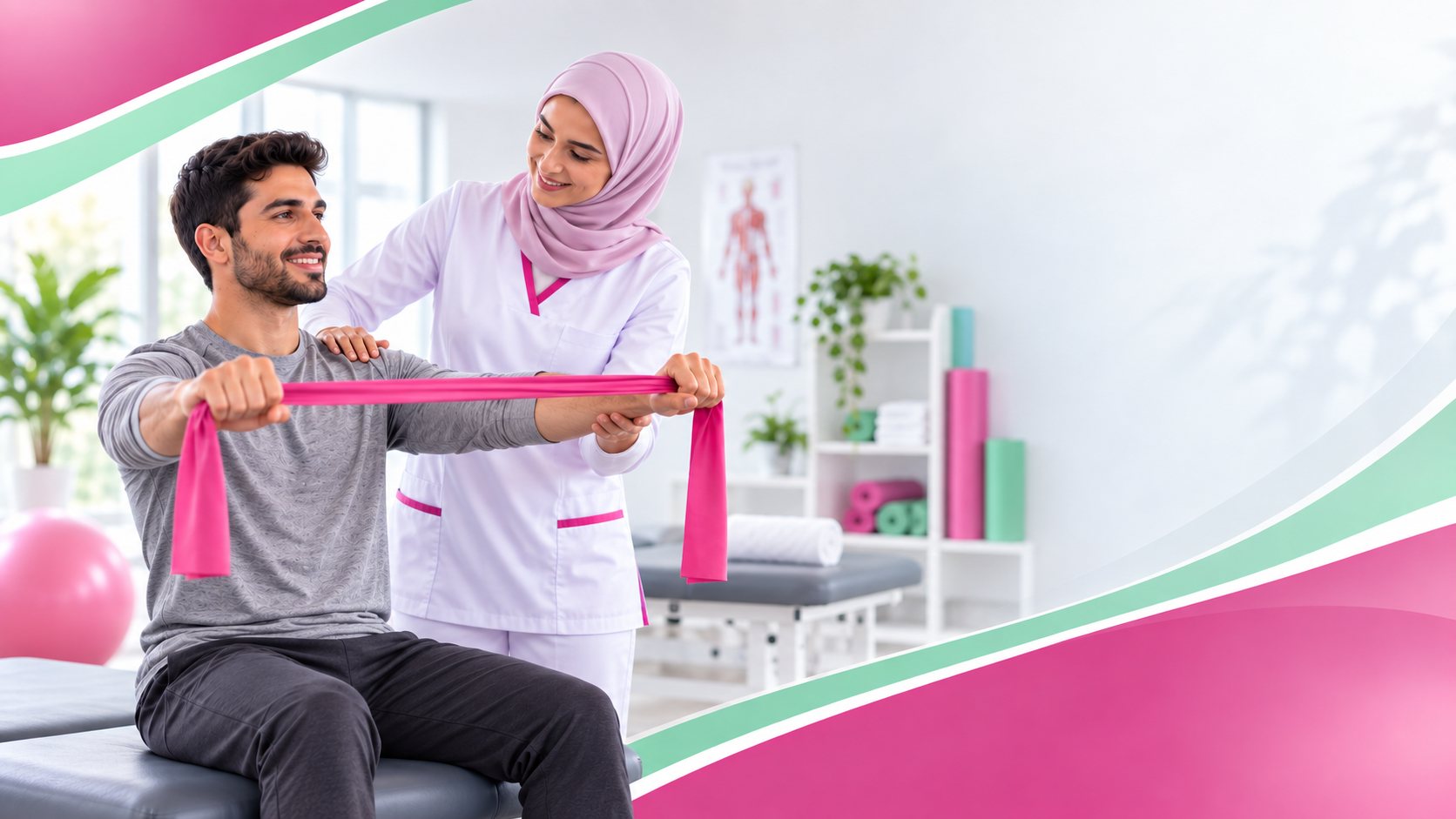 أخصائية ترويض ترافق شابًا في تمرين بشريط المقاومة لتقوية الكتفين